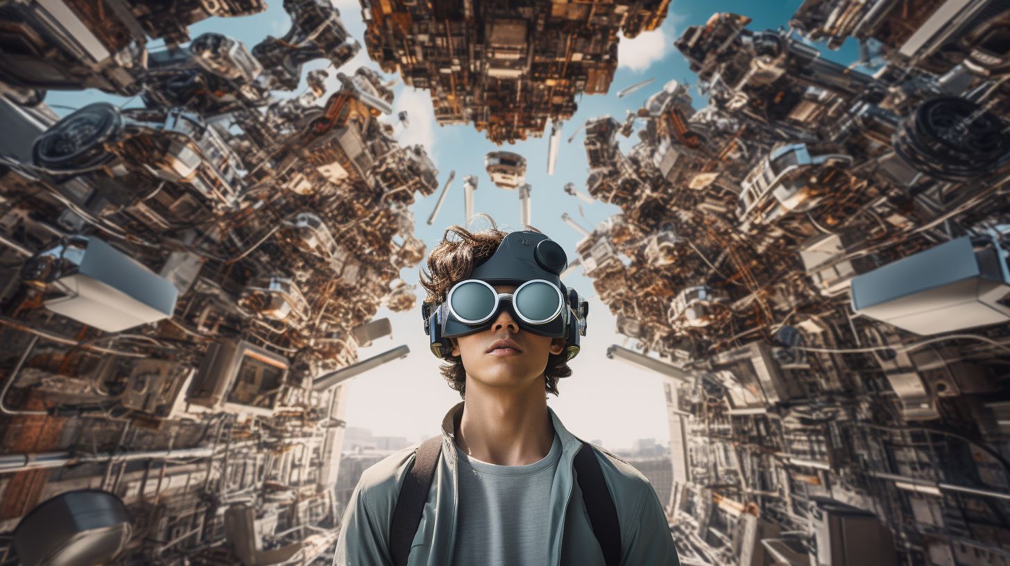 Eine Person trägt VR-Brille und ist von futuristischer Technologie umgeben.