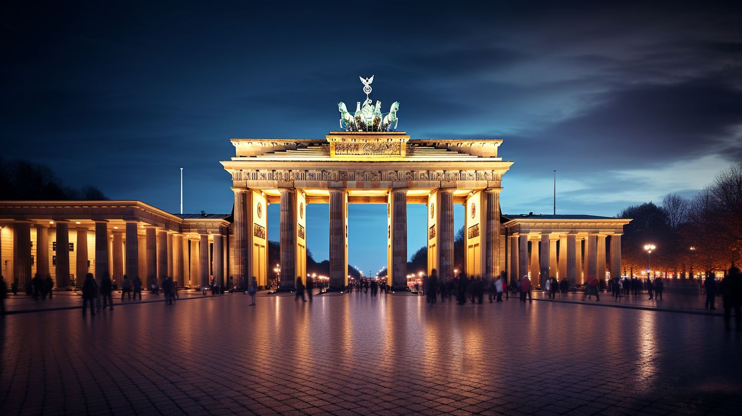 Das Brandenburger Tor in Berlin wird nachts mit einem Weitwinkelobjektiv beeindruckend beleuchtet.