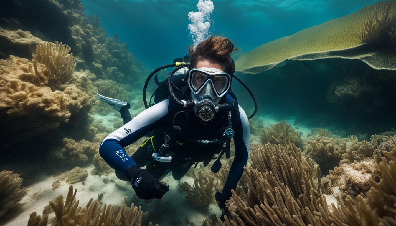 A scuba diver is seen underwater performing a mask clearing skill, captured in clear and detailed photography.