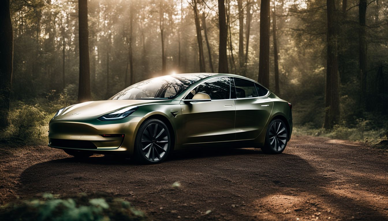 A Tesla Model 3 with a woodland camouflage wrap in a natural setting.