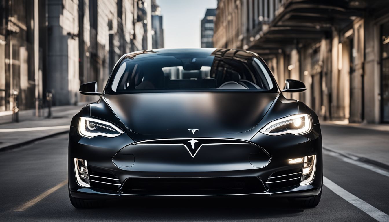 A sleek black Tesla car with a carbon fiber wrap in an urban environment.