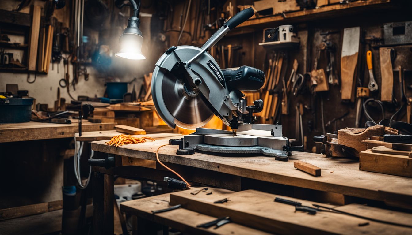A malfunctioning miter saw surrounded by tools and electrical wires in a workshop.