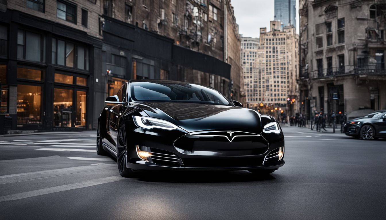 A black Tesla Model S with a futuristic design in a bustling cityscape.