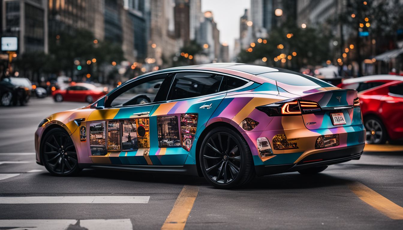 A Tesla adorned with colorful decals and stickers featuring various faces and outfits.