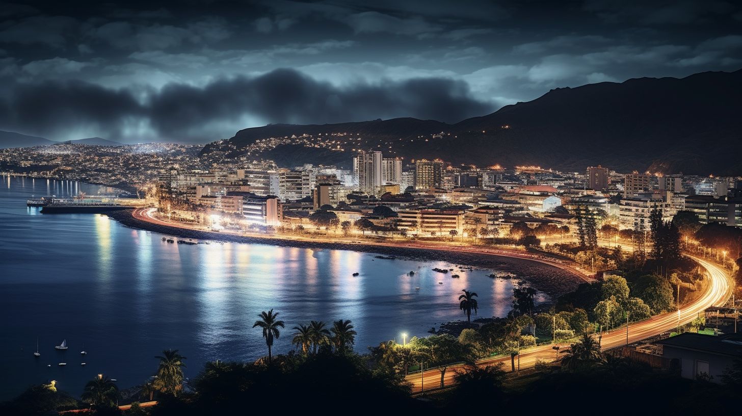 Die Foto zeigt das belebte Stadtbild von Funchal bei Nacht.