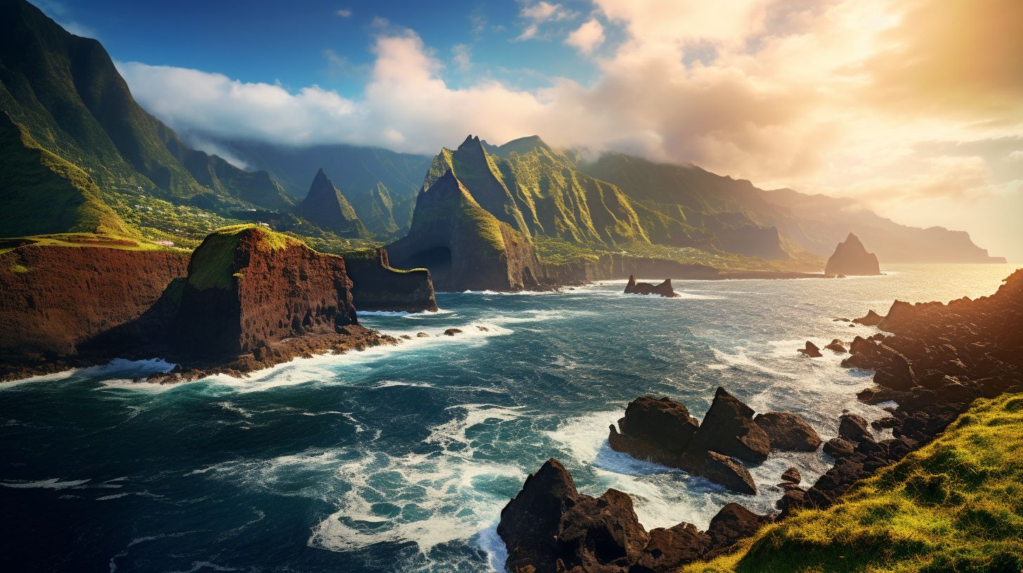 Eine Weitwinkel-Kamera wird verwendet, um die dramatischen Klippen und grünen Landschaften von Madeira in einer Panoramaansicht festzuhalten.