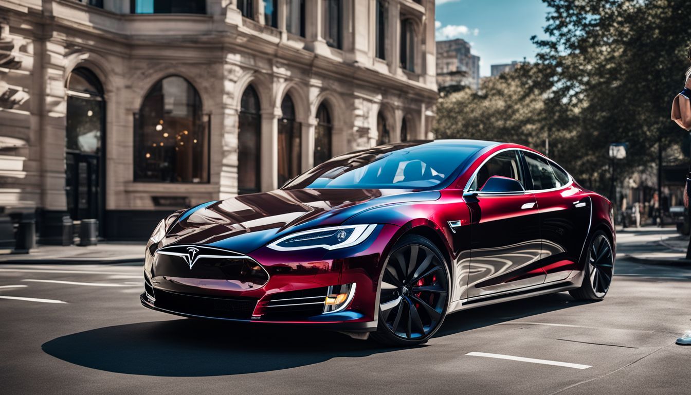 A Tesla Model S wrapped in a colorful, abstract design.