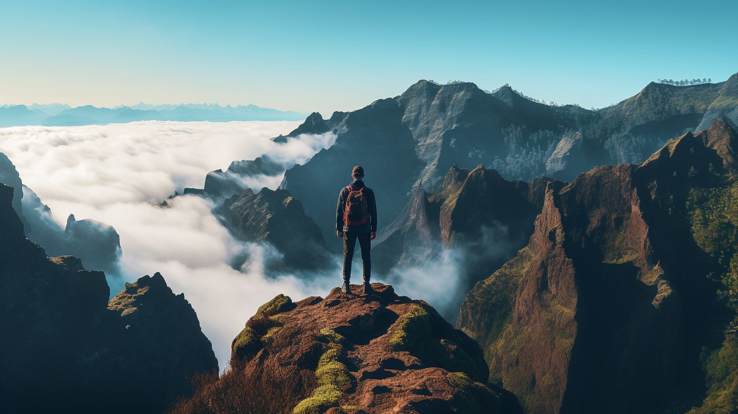 Ein Wanderer steht auf einer majestätischen Klippe in Madeira und betrachtet die atemberaubende Landschaft.