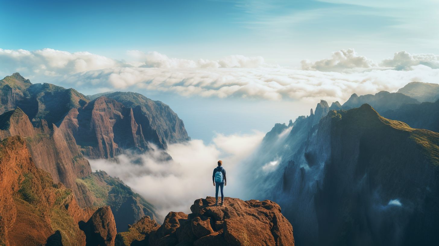 Ein Wanderer steht auf einer majestätischen Klippe in Madeira und betrachtet die atemberaubende Landschaft.