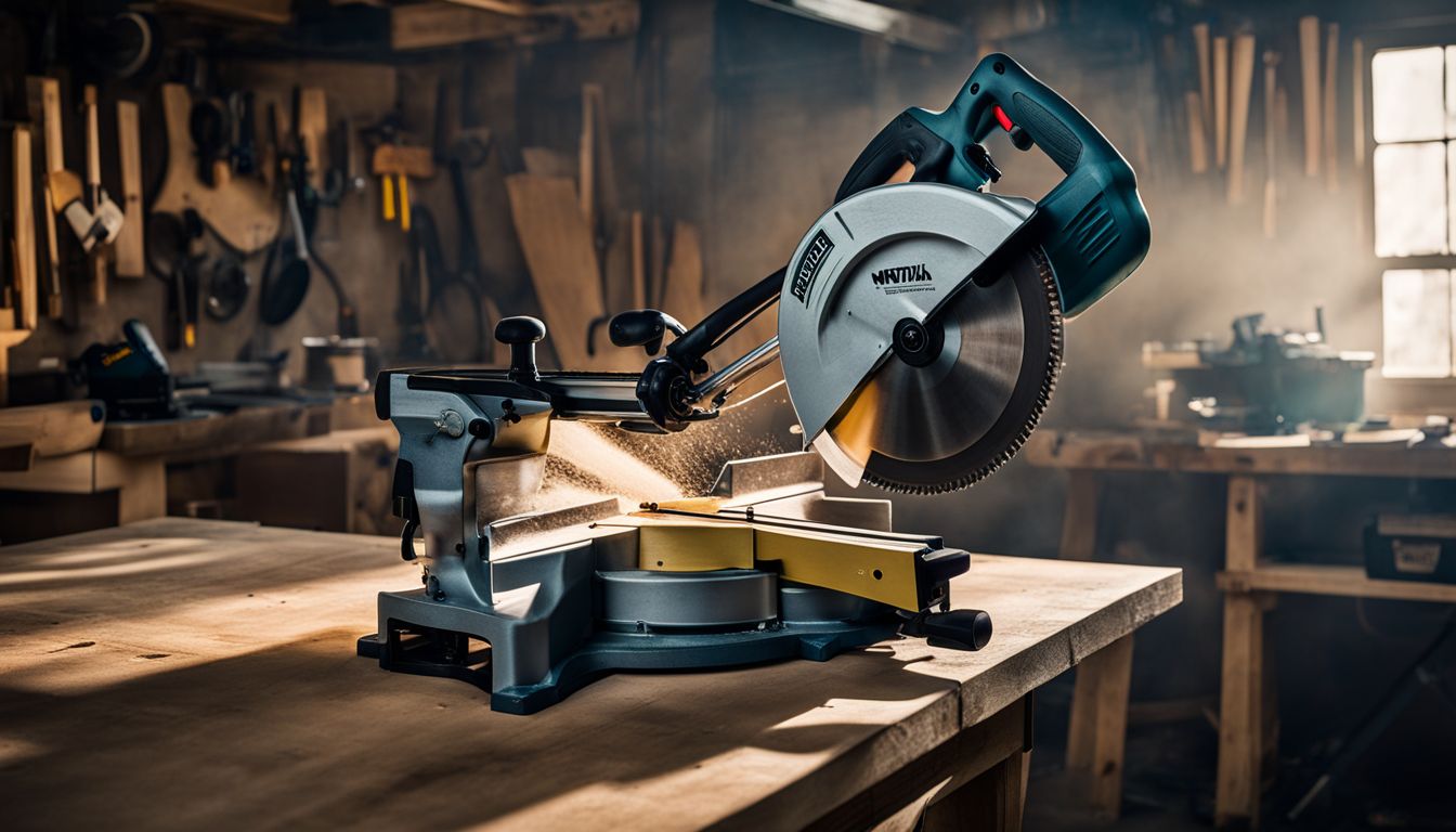 A miter saw set up on a wooden workbench in a bustling workshop.