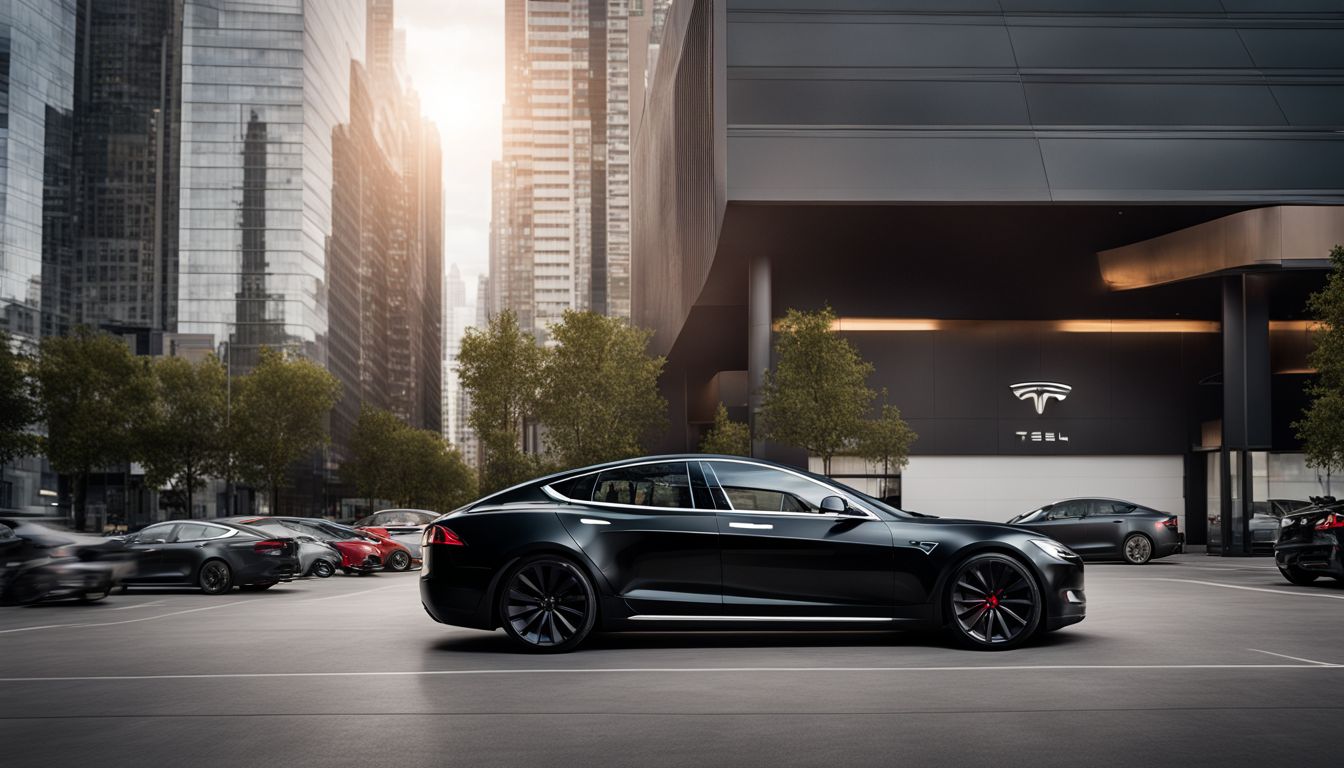 A matte black Tesla Model S parked in a modern urban cityscape.