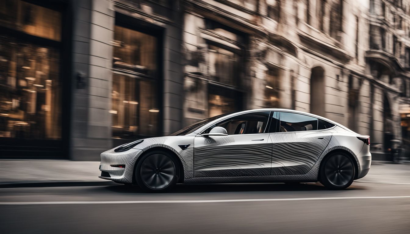 A Tesla Model 3 with patterned wraps parked in a cityscape.