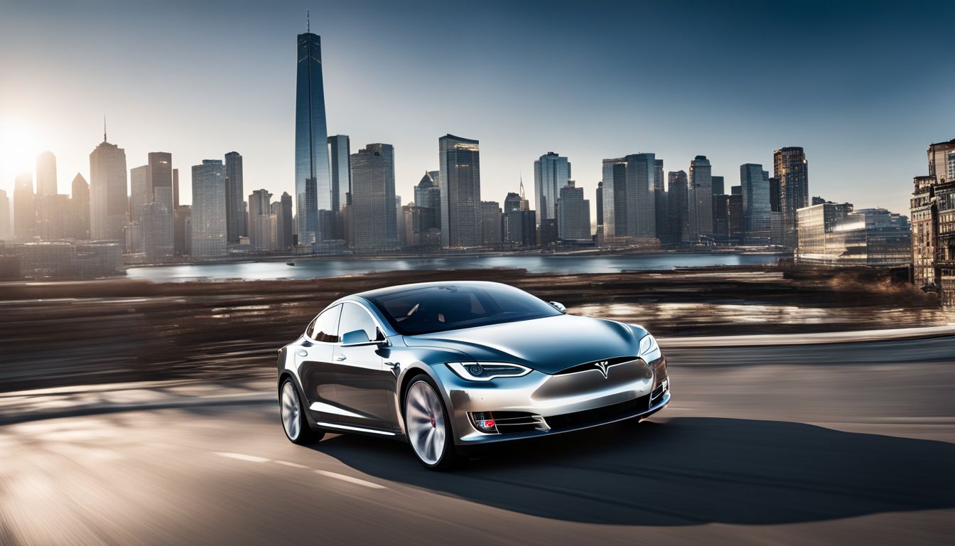 A sleek Tesla Model S parked against a modern city skyline.