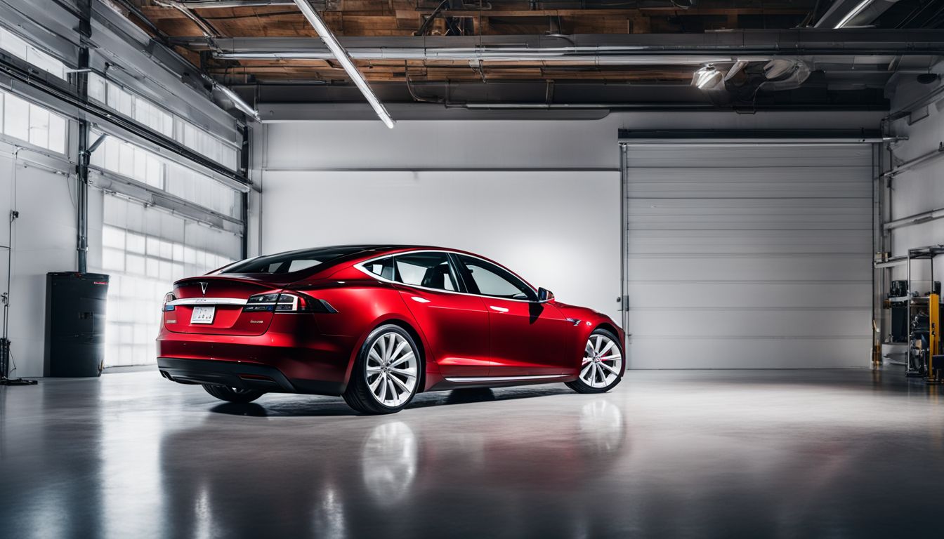 A shiny Tesla Model S parked in a modern garage.