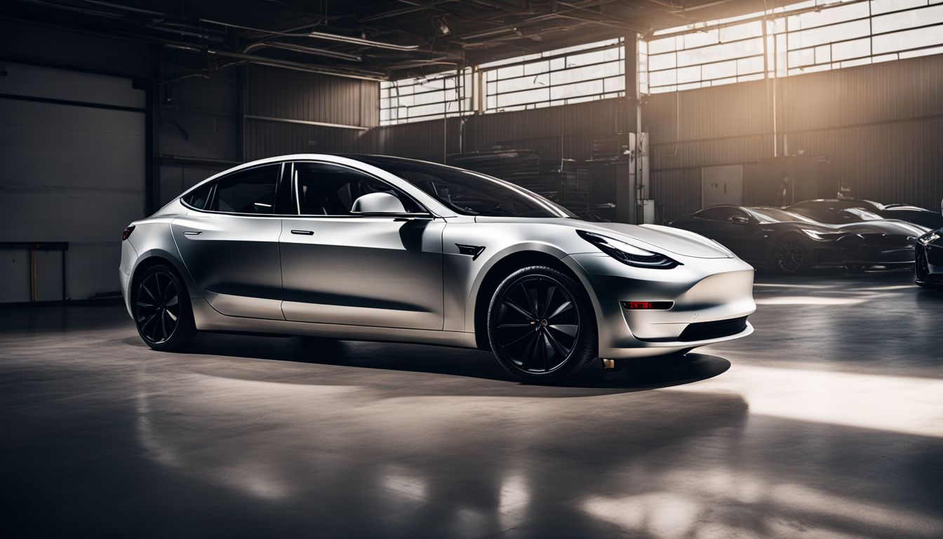 A Tesla Model 3 parked in a modern garage.