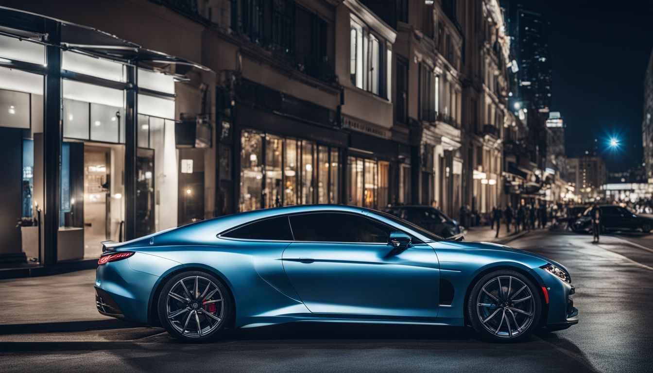 A luxury car wrapped in Satin Chrome Silk Azure against a vibrant cityscape at night.