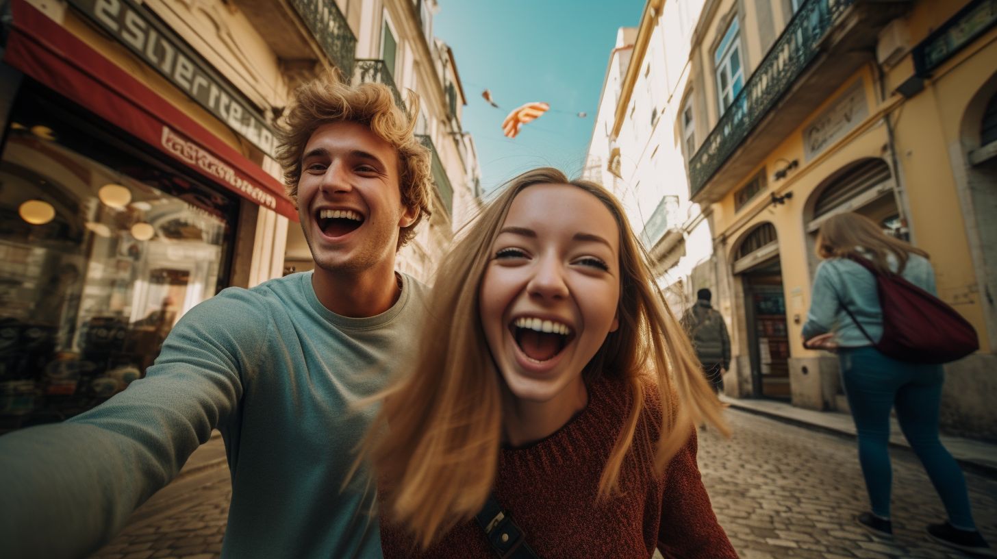Ein Paar erkundet glücklich die lebendigen Straßen von Lissabon.