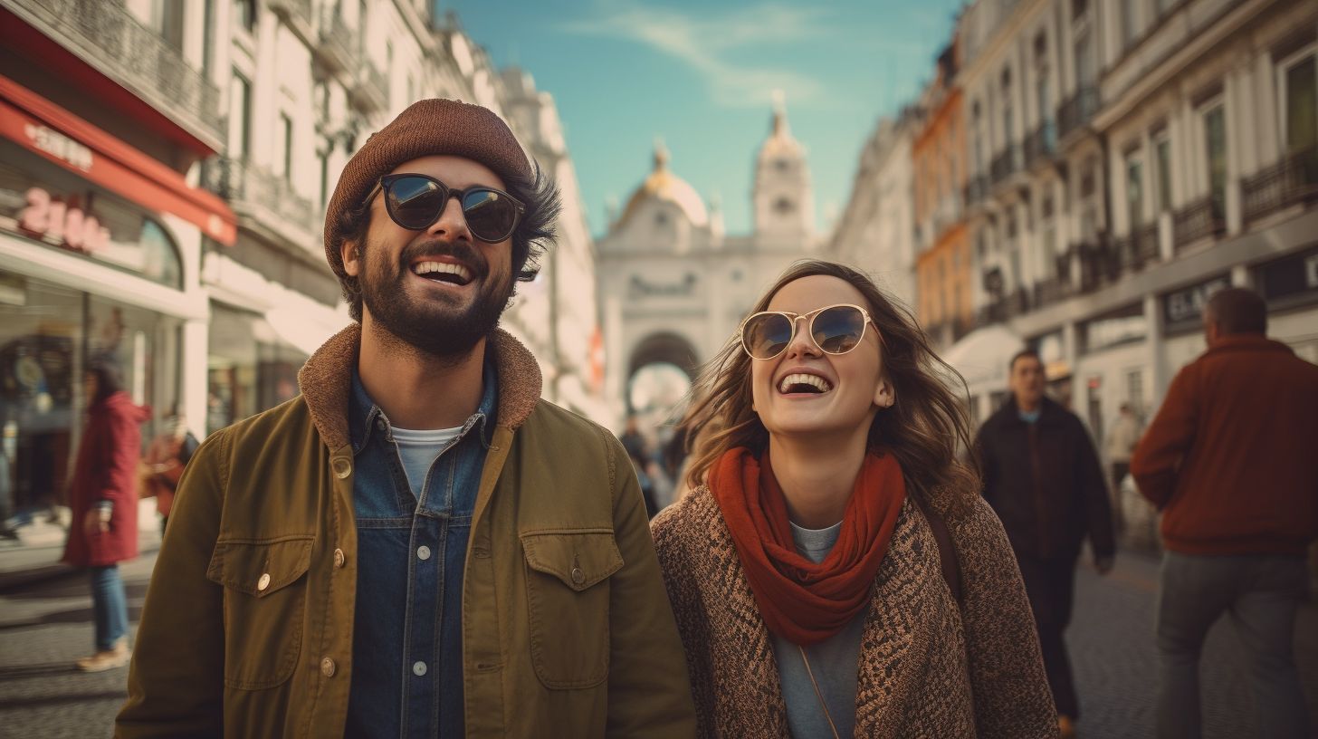 Ein Paar erkundet glücklich die lebendigen Straßen von Lissabon.