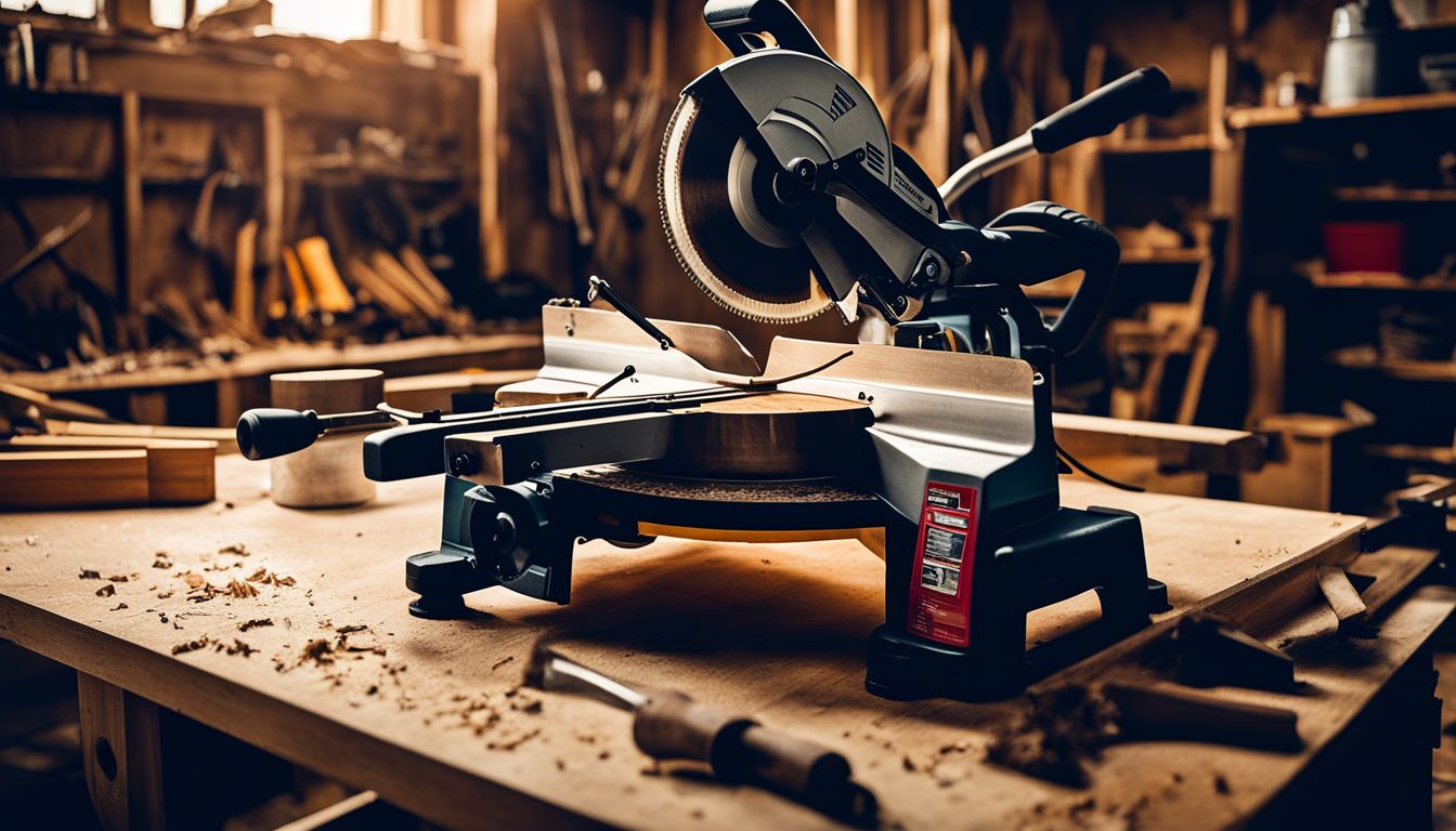 A workshop scene with tools and a miter saw in focus.