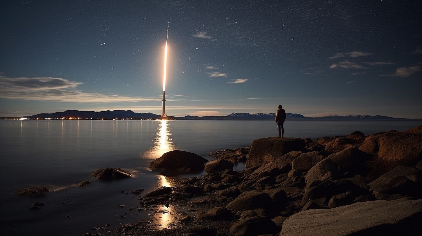 A long exposure photograph captures a rocket launching into space at night.