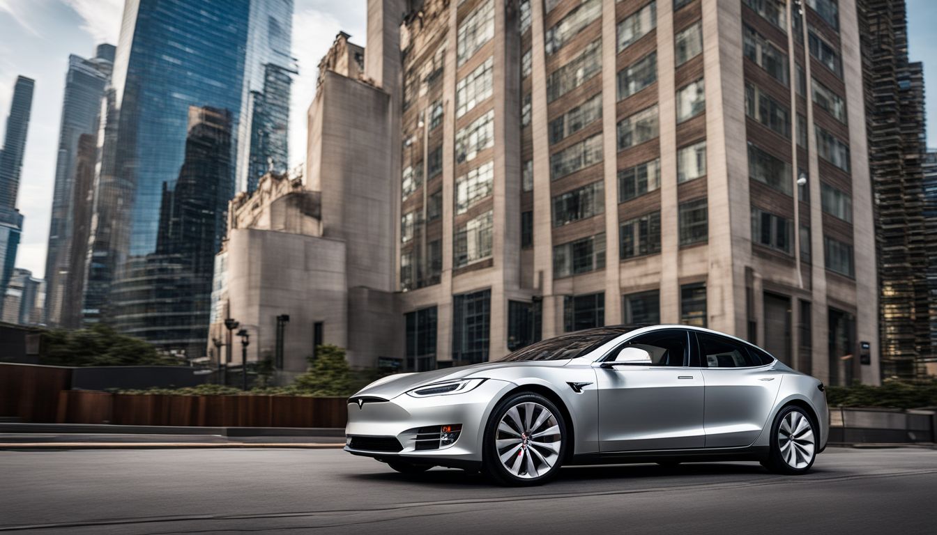 A sleek Tesla parked in a city street with tall buildings in the background.
