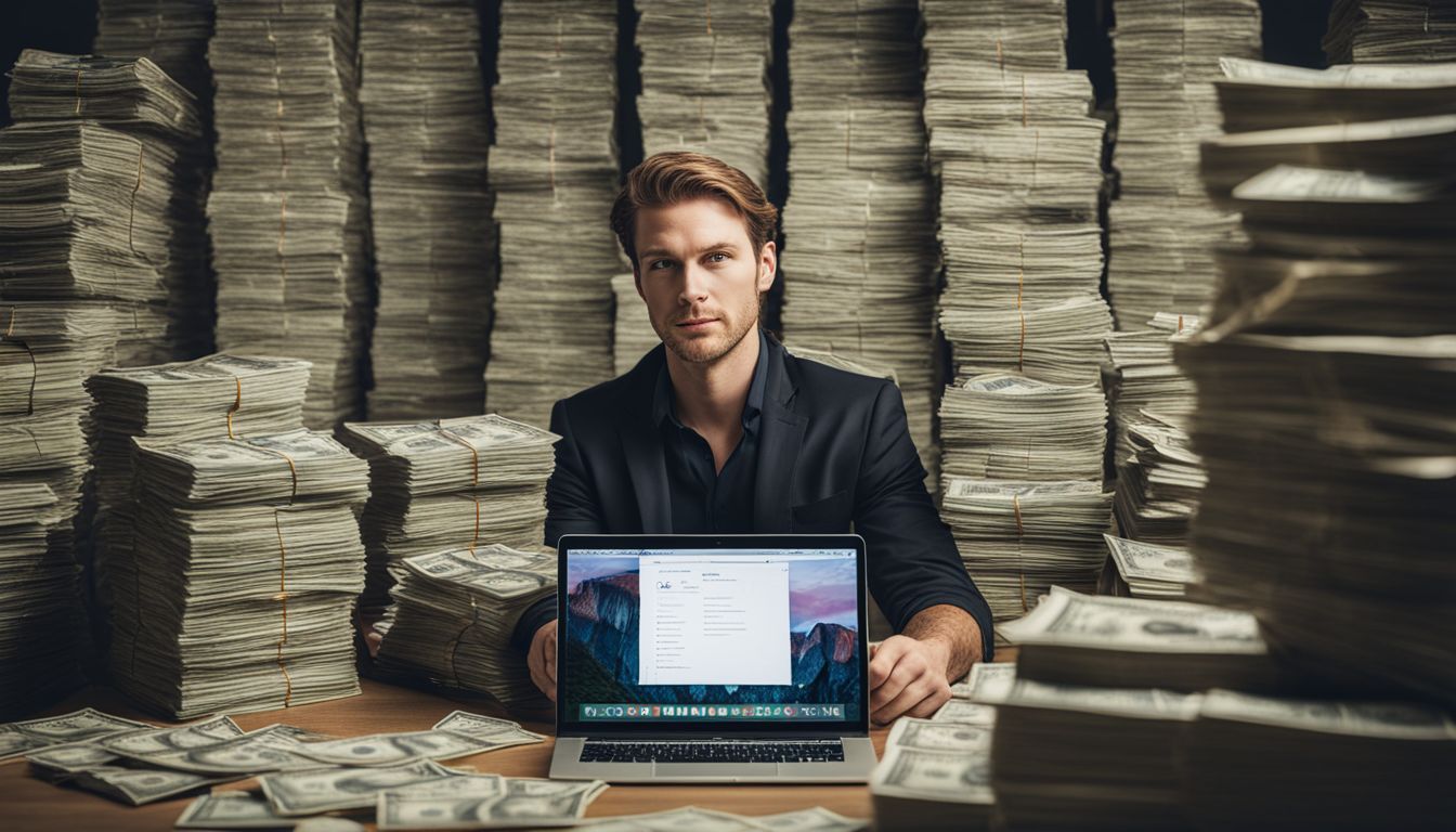 Eine Person umgeben von Geld und Geschäftsdokumenten arbeitet am Laptop.