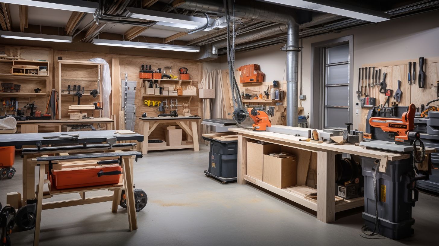 A well-equipped woodworking shop in a spacious garage with various tools.