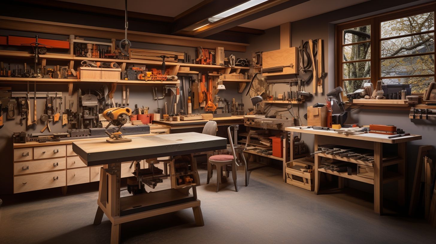 A well-organized woodworking studio in a small apartment.