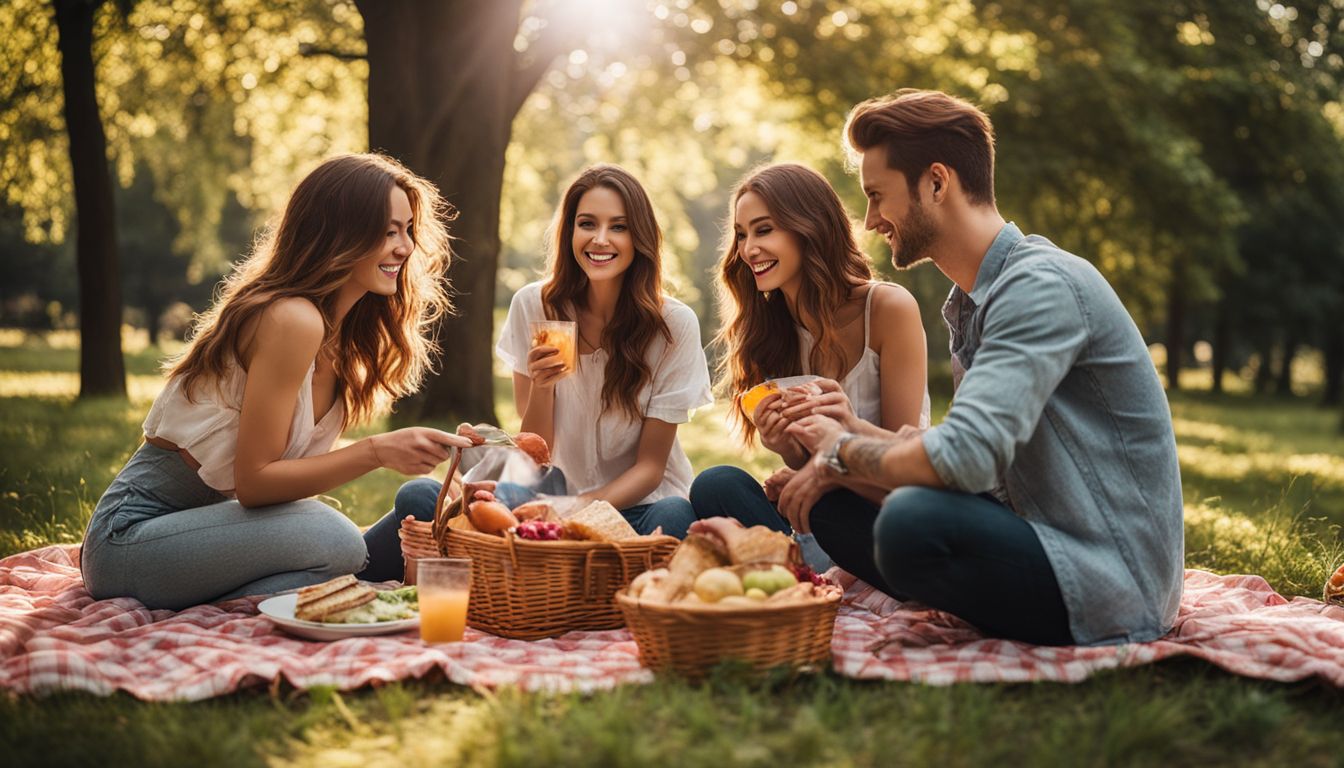 Un gruppo di amici si diverte in un picnic nel parco.