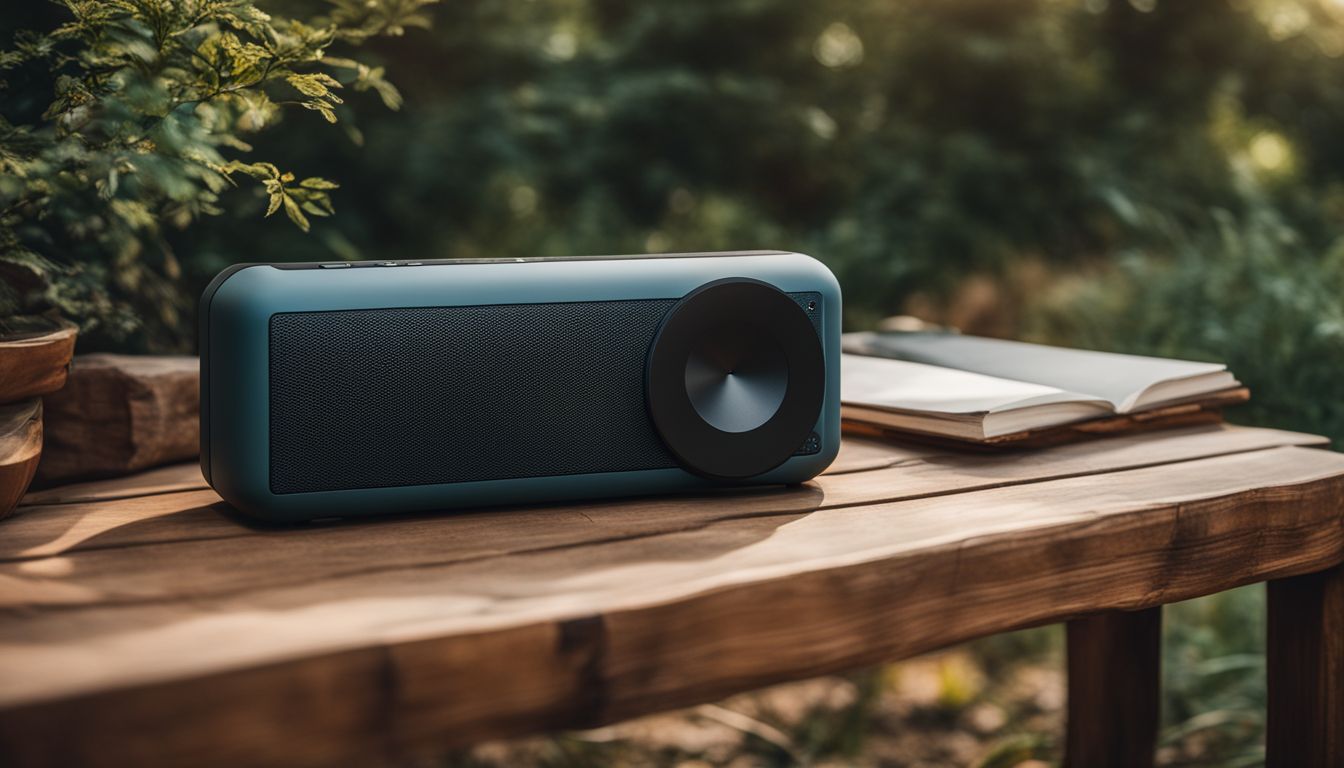 Uno speaker Bluetooth portatile in una tranquilla ambientazione all'aria aperta, circondato da fogliame vibrante.