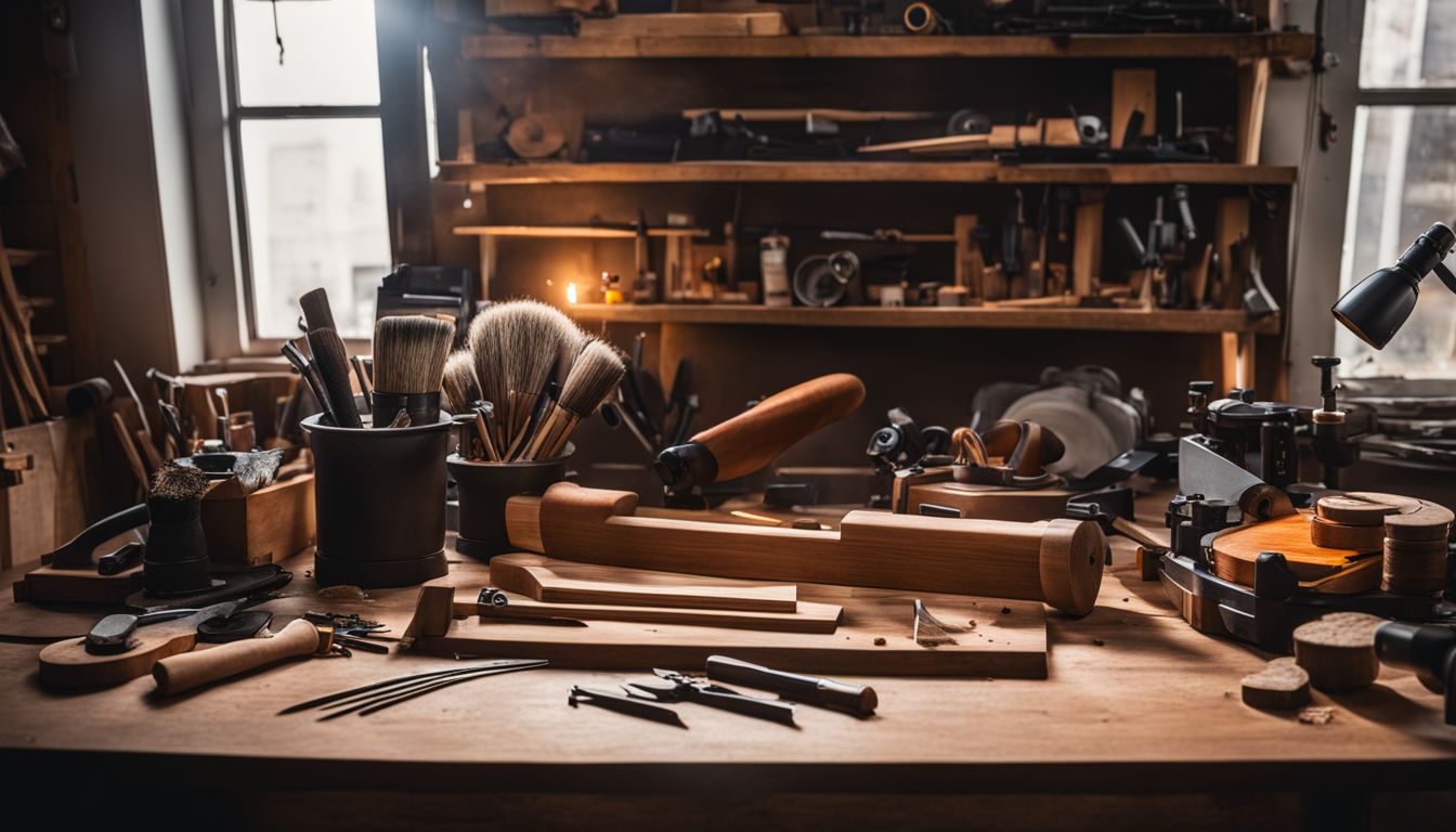 A well-organized woodworking bench with tools and materials in a spacious, well-lit apartment.