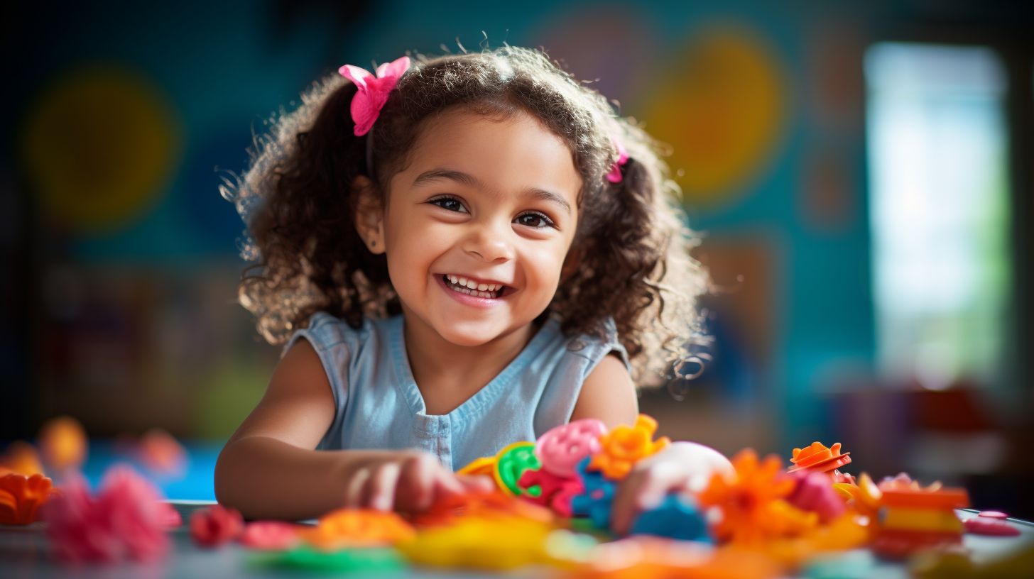 A child happily plays with playdough in a colorful playroom.