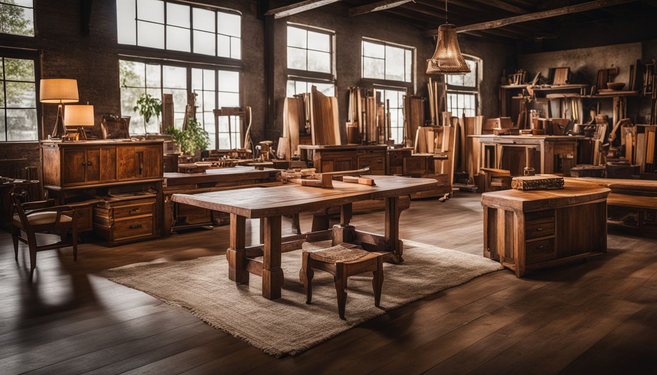 A collection of beautifully crafted wooden furniture pieces in a rustic workshop.