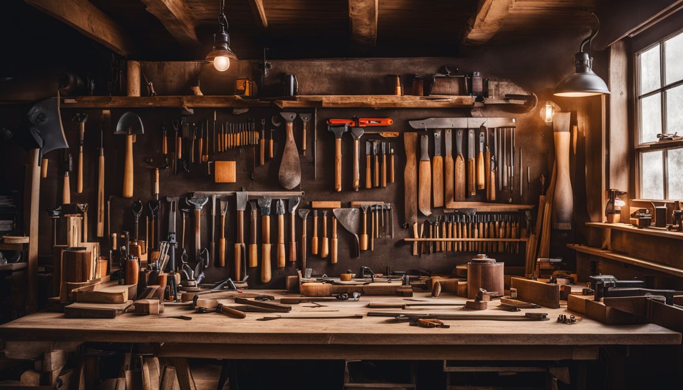 A set of woodworking tools arranged neatly on a workbench.