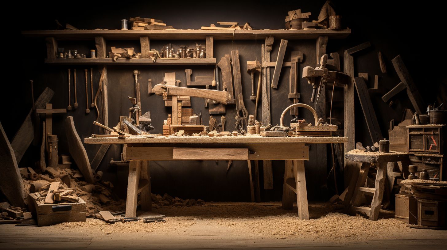 The image showcases a cluttered workbench filled with tools and unfinished projects.