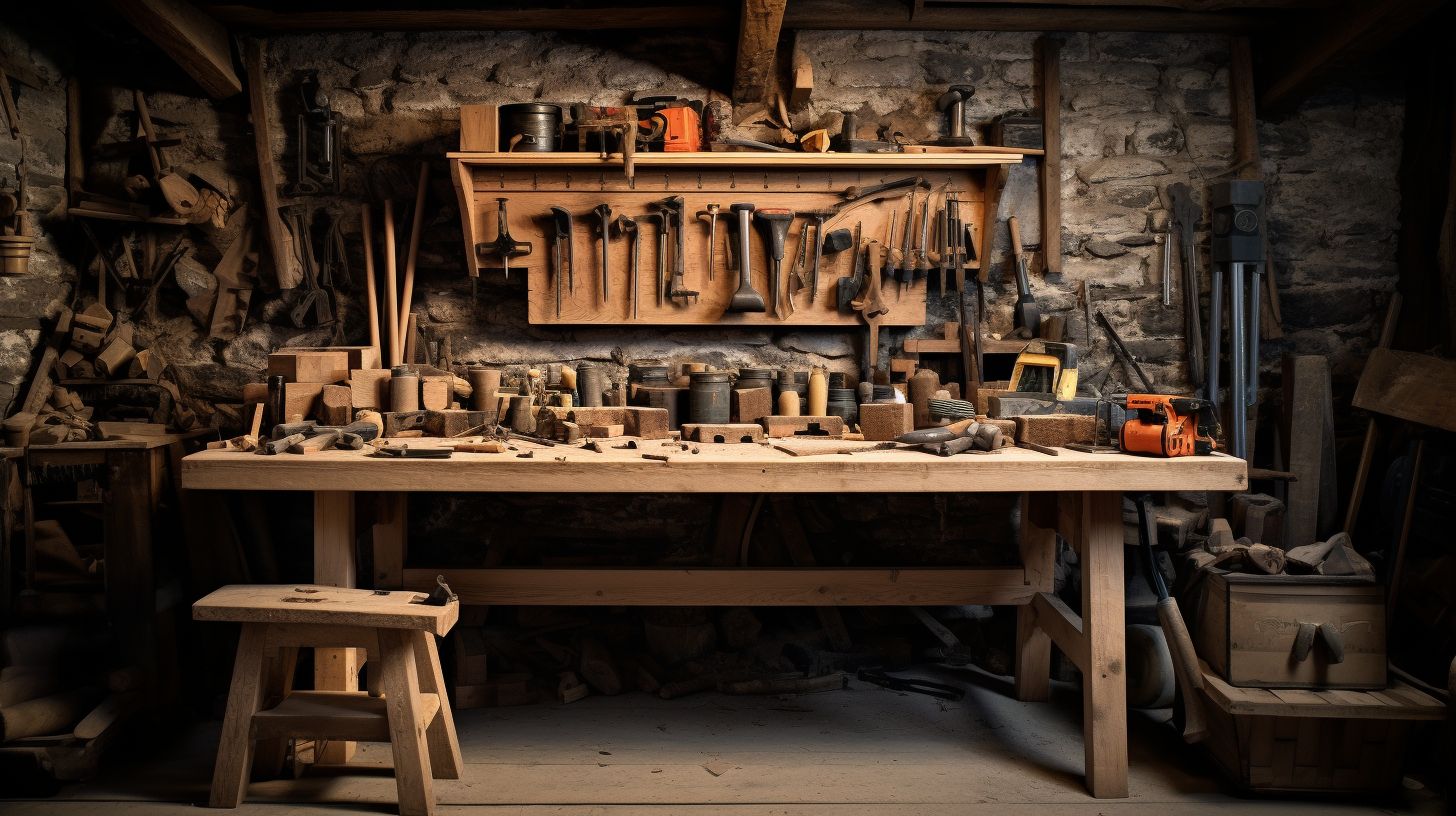 The image showcases a cluttered workbench filled with tools and unfinished projects.
