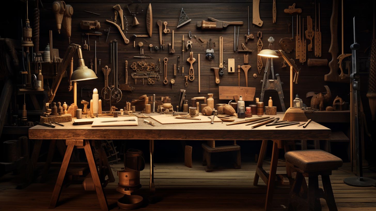 A photograph of a beautifully designed wooden desk with tools and materials.