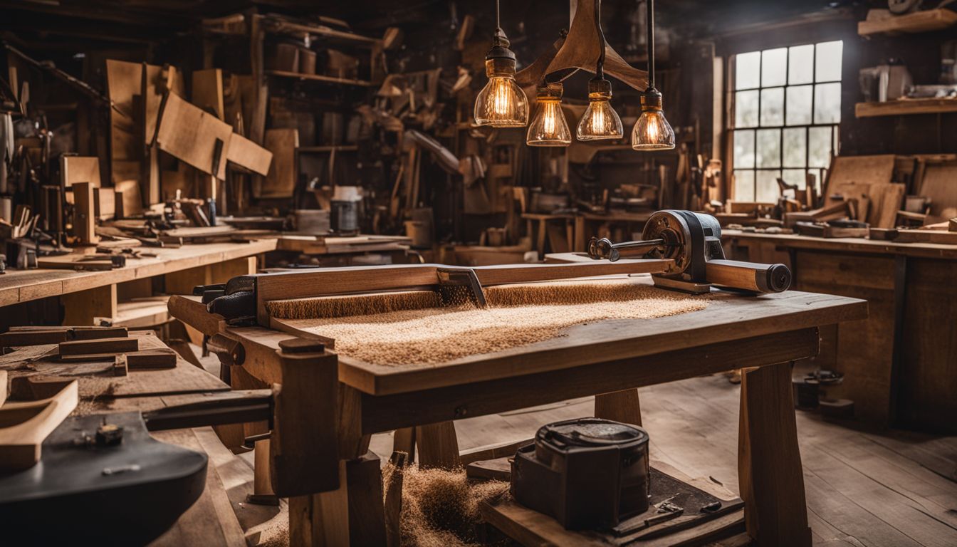 A busy woodworking workshop filled with tools and sawdust.