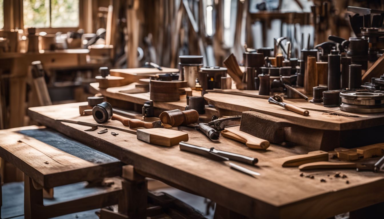 A well-equipped woodworking workshop with completed projects and various tools.