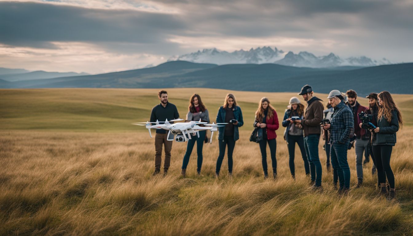 A diverse group of drone enthusiasts fly their drones responsibly over a scenic open field.