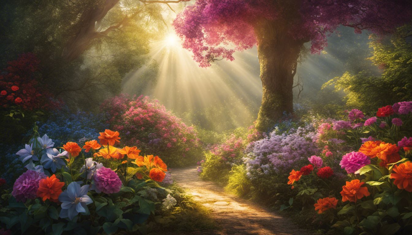A captivating bouquet of vibrant flowers and lush greenery, illuminated by sunlight in a mesmerizing nature photography scene.