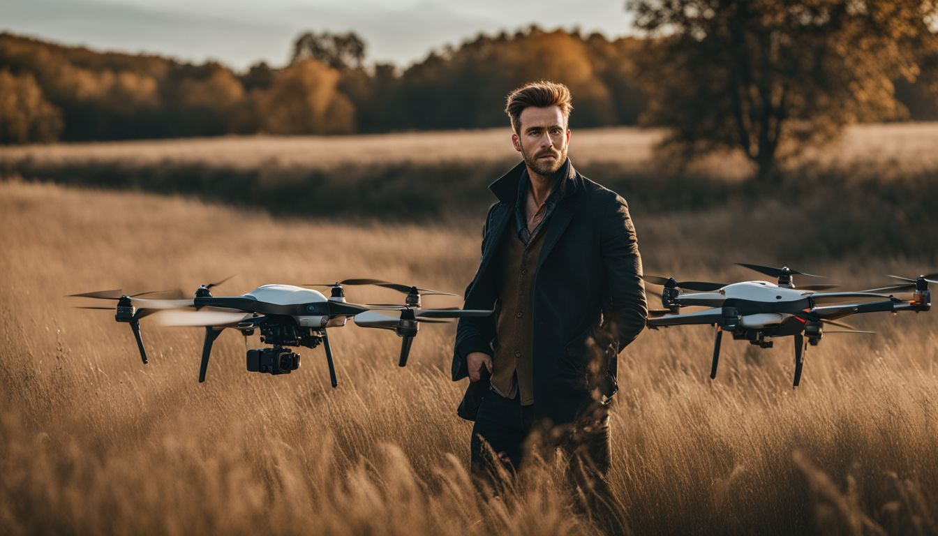 A man stands in a field surrounded by broken drones, depicting a bustling atmosphere and the aftermath of destruction.