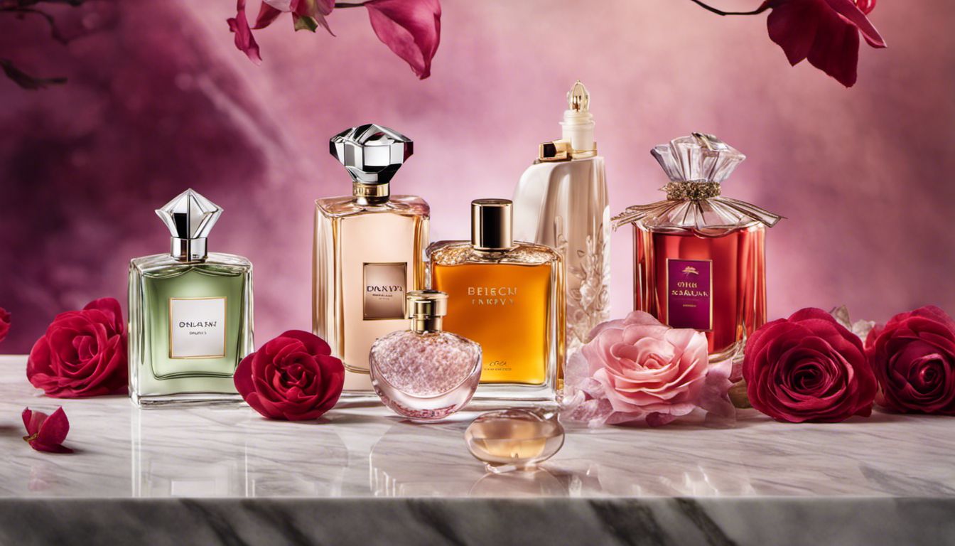 A visually stunning collection of women's perfumes arranged for luxury.