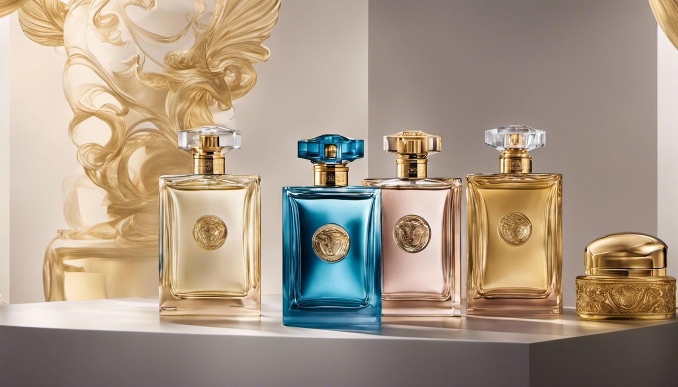 An elegant display of Versace perfume bottles exuding sophistication, luxury, and a touch of mystery.