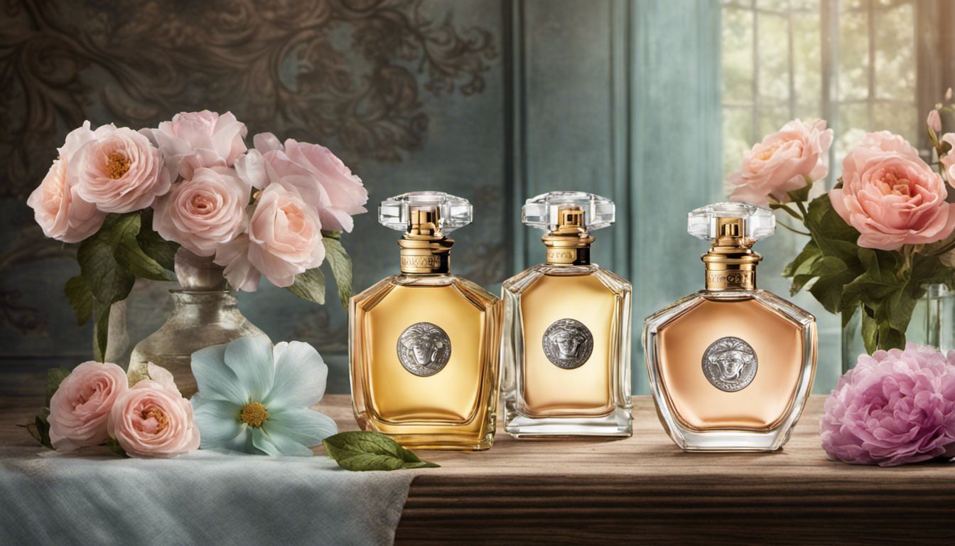 A charming display of Versace perfume bottles surrounded by pastel-colored flowers captures the essence of spring.