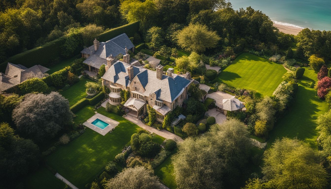 The photo shows a drone capturing an aerial view of a stunning private garden with diverse people.