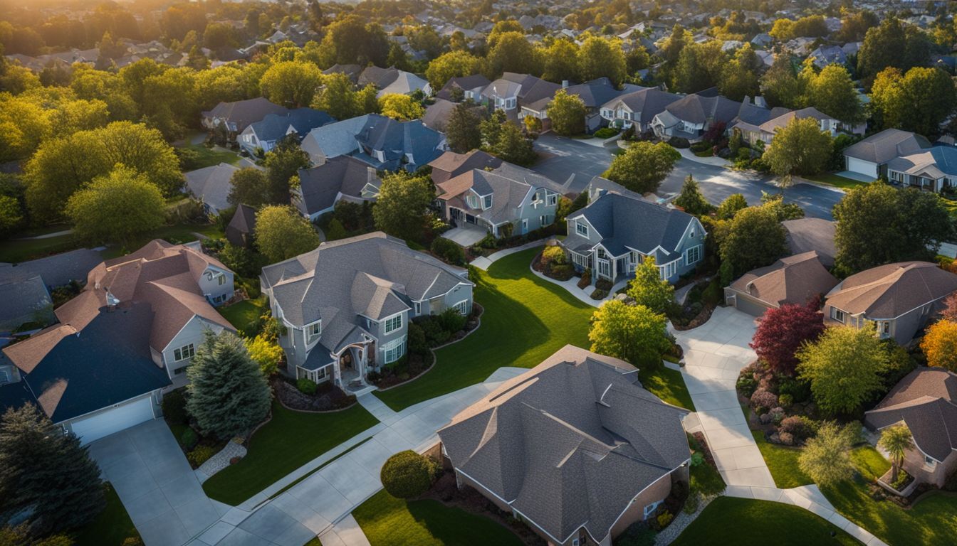 A drone captures aerial photographs of a diverse suburban neighborhood with various people and activities.