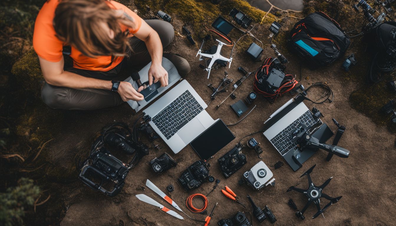 A person inspecting a drone for water damage surrounded by tools and a laptop.
