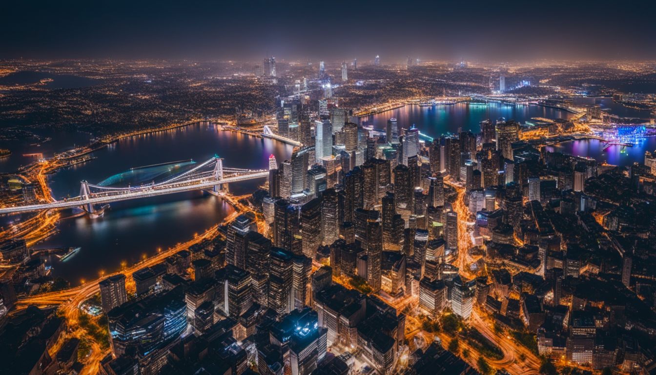 Aerial drones fly over a city at night capturing the bustling atmosphere and vibrant cityscape.