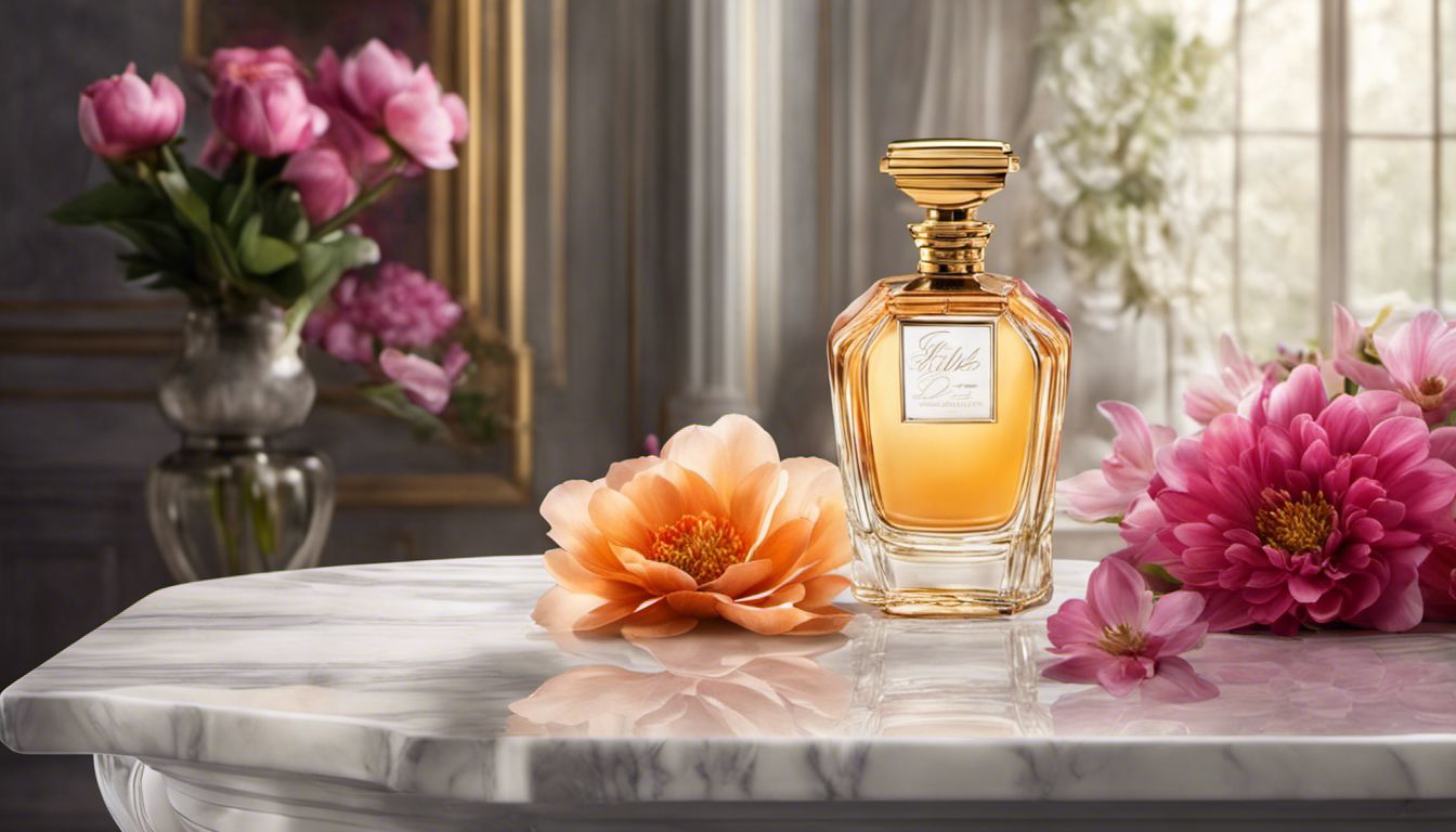 A beautiful perfume bottle showcasing elegance and intricate design among vibrant flowers on a marble table.